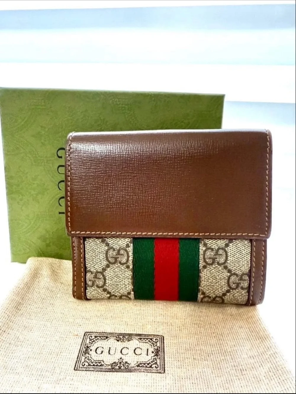 Gucci Brown GG Canvas Wallet with Green & Red Stripe